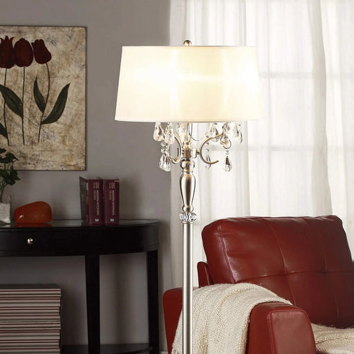 62' Tall Metal Floor Lamp w/ Silver finish and Crystal Accents, White Shade Default -DTYStore