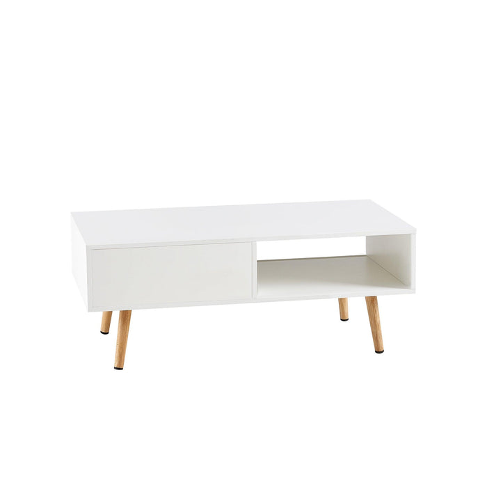 41.34" Rattan Coffee table, sliding door for storage, solid wood legs, Modern table for living room ,White - DTYStore