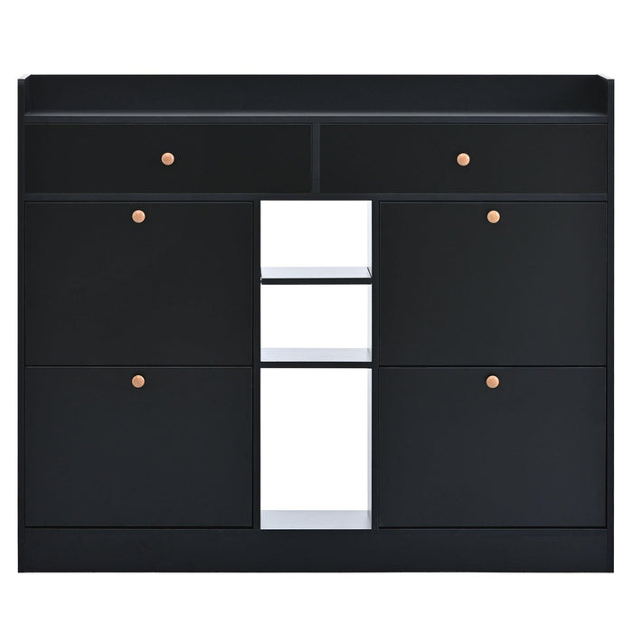 Modern Tipping Bucket Shoe Cabinet with 4 Flip Drawers, Multifunctional 2-Tier Shoe Storage Organizer with Drawers, Free Standing Shoe Rack for Entrance Hallway, Black. - DTYStore