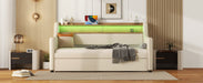 Twin Size Daybed with Trundle, Upholstered Daybed with Charging Station and LED Lights, Beige - DTYStore