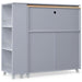 Rolling Kitchen Island With Extended Table, Kitchen Island on Wheels with LED Lights,Power Outlets and 2 Fluted Glass Doors, Kitchen Island with a Storage Compartment and Side 3 Open Shelves, Grey - DTYStore