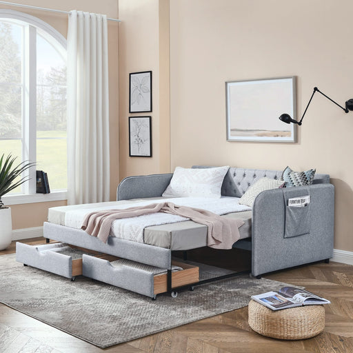 Twin Size Upholstery Daybed with Trundle Bed and Two Storage Drawers , Flat Arms with Pocket, Extendable Daybed for Bedroom Living Room,Linen Grey