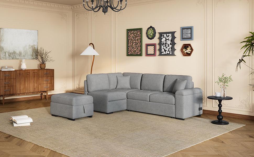 Sleeper Sectional Sofa, L-Shape Corner Couch Sofa-Bed with Storage Ottoman & Hidden Arm Storage & USB Charge for Living Room Apartment, Gray - DTYStore
