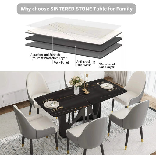 63 'Modern Artificial Stone Curved Black Panel Black Iron Metal Legs-Can Accommodate 6 People Default -DTYStore