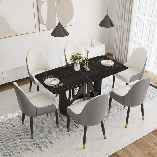 63 'Modern Artificial Stone Curved Black Panel Black Iron Metal Legs-Can Accommodate 6 People Default -DTYStore