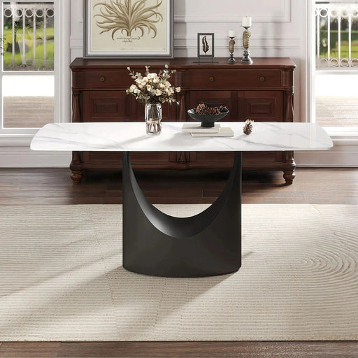 63 'Modern Artificial Stone Curved White Panel Black Iron Metal Legs-Can Accommodate 6-8 People. Default -DTYStore