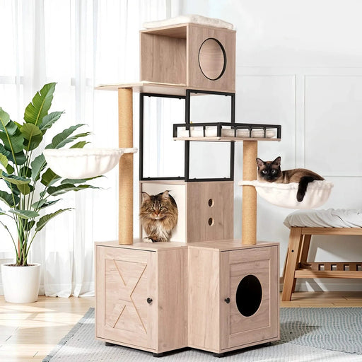 63' Multi-Functional Cat Tree with Litter Box - Includes Removable Washable Cushion, Scratching Posts & Toy Hanger, Modern Design, Rustic Gray Default -DTYStore