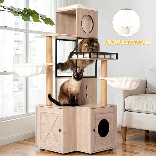 63' Multi-Functional Cat Tree with Litter Box - Includes Removable Washable Cushion, Scratching Posts & Toy Hanger, Modern Design, Rustic Gray Default -DTYStore