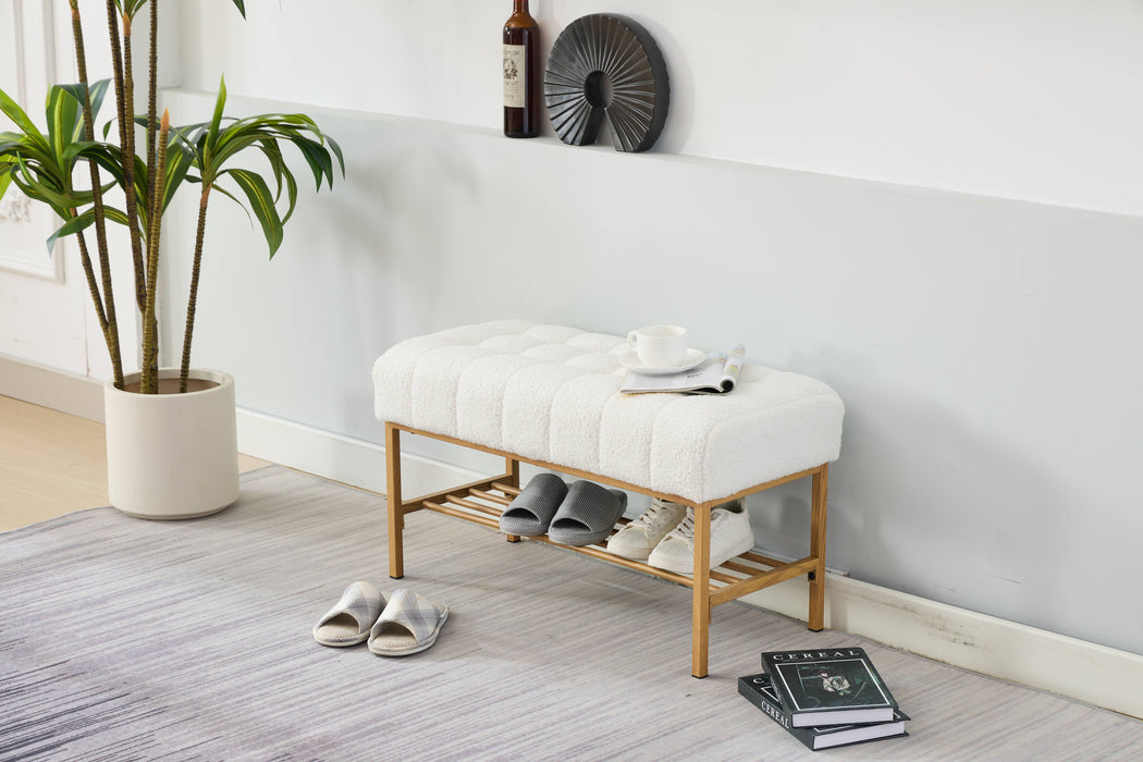 End of Bed Bench with Shelf, Teddy fabric Upholstered Storage Shoe Bench, Modern Bedroom Bench with Metal Legs for Living Room, Entryway, Dining Room, 300 LB, Linen Color(White)