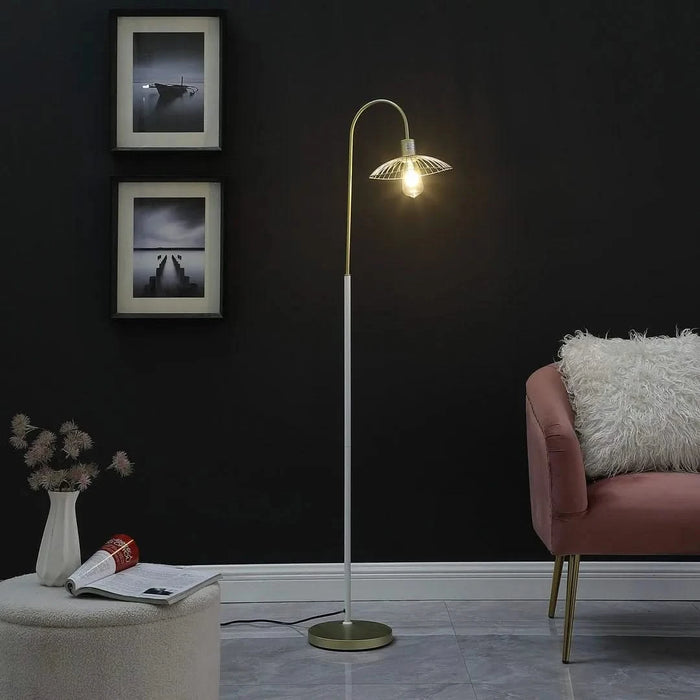 64.25' In Industrial Farm Pendant Cage Satin Matte Gold/White Metal Floor Lamp Default -DTYStore