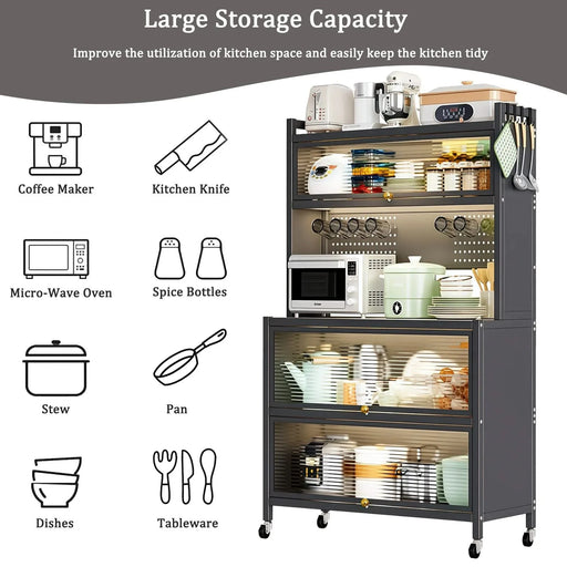 64' Kitchen Pantry Storage Cabinet, 5 Tier Metal Storage Cabinet with Wheels, Transparent Flap Door & DIY Hole Board , Kitchen Storage Bakers Rack, for Kitchen, Living Room and Dining Room, Gray Default -DTYStore