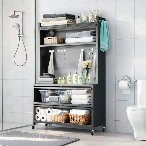 64' Kitchen Pantry Storage Cabinet, 5 Tier Metal Storage Cabinet with Wheels, Transparent Flap Door & DIY Hole Board , Kitchen Storage Bakers Rack, for Kitchen, Living Room and Dining Room, Gray Default -DTYStore