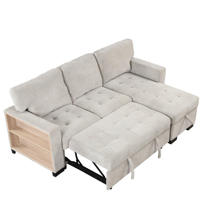 Stylish and Functional Light Chaise Lounge Sectional with Storage Rack Pull-out Bed Drop Down Table and USB Charger Light Gray - DTYStore