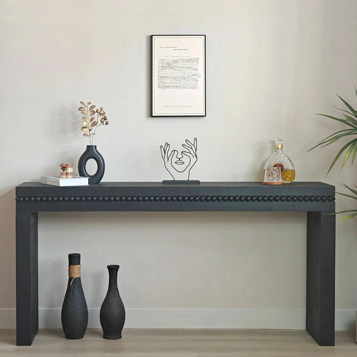 64in Modern Black Wood Console Table – Elegant Entryway Table with Decorative Beaded Trim Default -DTYStore