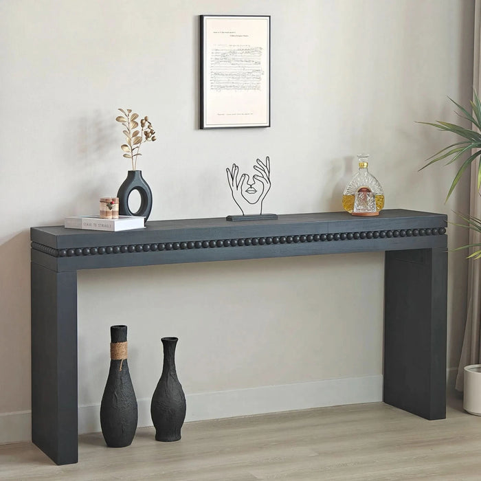 64in Modern Black Wood Console Table – Elegant Entryway Table with Decorative Beaded Trim Default -DTYStore