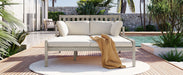 Outdoor Daybed, Patio Daybed with Four Pillows, Wooden Outdoor Bed with Curved Armrests for Poolside, Backyard, Garden (Gray+Beige Cushion) - DTYStore