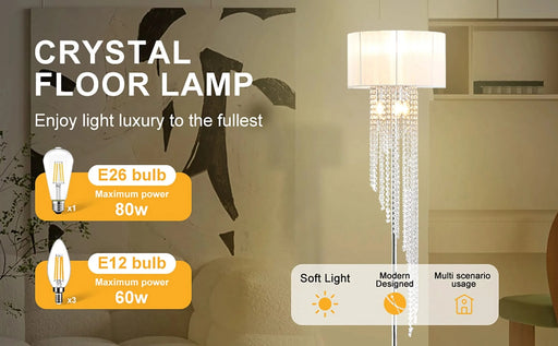 65.75'H Sheer White Drum Shade Rain Crystal Chrome Metal Floor Lamp for Living Room, Standing Lamp for Bedroom Default -DTYStore