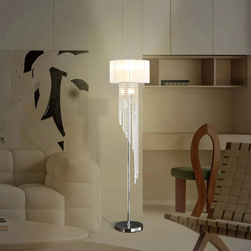 65.75'H Sheer White Drum Shade Rain Crystal Chrome Metal Floor Lamp for Living Room, Standing Lamp for Bedroom Default -DTYStore