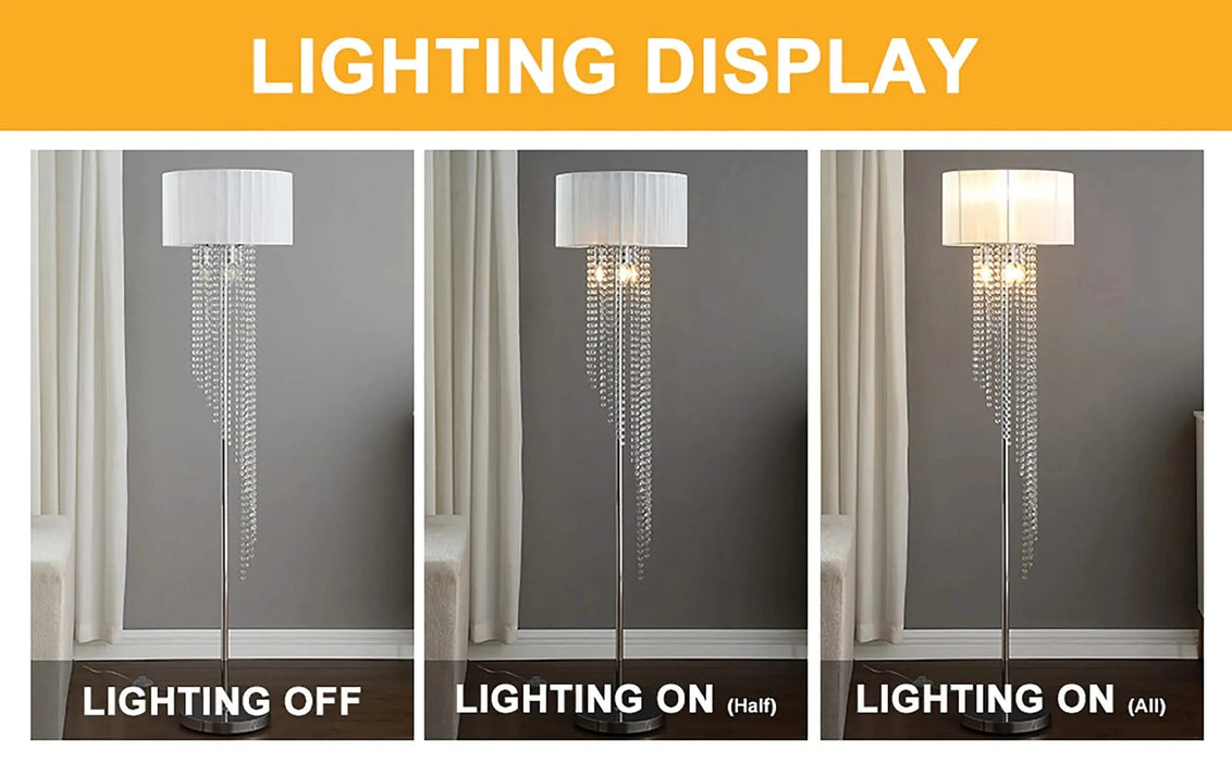 65.75'H Sheer White Drum Shade Rain Crystal Chrome Metal Floor Lamp for Living Room, Standing Lamp for Bedroom Default -DTYStore