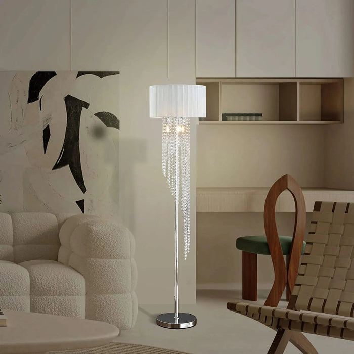65.75'H Sheer White Drum Shade Rain Crystal Chrome Metal Floor Lamp for Living Room, Standing Lamp for Bedroom Default -DTYStore