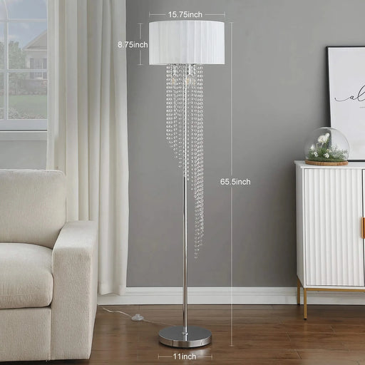 65.75'H Sheer White Drum Shade Rain Crystal Chrome Metal Floor Lamp for Living Room, Standing Lamp for Bedroom Default -DTYStore