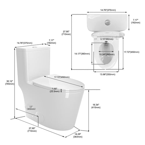 1.1/1.6 GPF Elongated Comfort Height Floor Mounted One-Piece Toilet ,  CUPC Certified, WaterSense Cetified, Ceramic, White Color, Soft Close Seat - Image 18