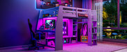 Wood Full Size Gaming Loft Bed with Desk, Multi-storage Shelves, LED and a Hanging Clothes Rack, Gray - DTYStore