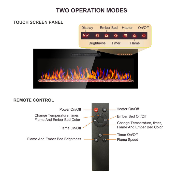 36 inch recessed ultra thin tempered glass front wall mounted electric fireplace with remote and multi color flame & emberbed, LED light heater - DTYStore