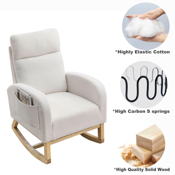 27.6"W Modern Accent High Backrest Living Room Lounge Arm Rocking Chair, Two Side Pocket ,Teddy White (Ivory) - DTYStore