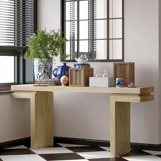 66' Extra Wide Real Wood Veneered Console Table, Minimalist Sofa Table Behind Couch for Entryway, Hallway, Living Room, Home Office, Distressed Oak Default -DTYStore