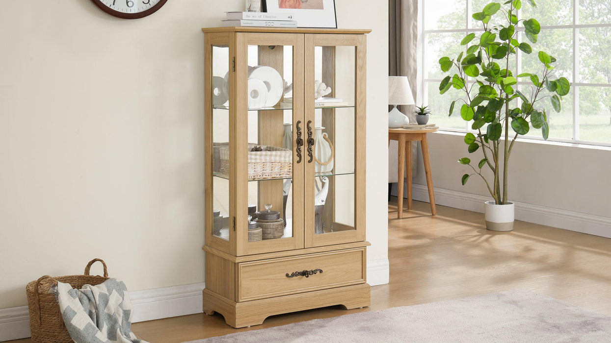 Glass Cabinet Lighted Glass Cabinet Curio Display Cabinet with Adjustable Glass Shelves 2 Doors and 1 drawer Cabinet Bulb Included OAK - DTYStore