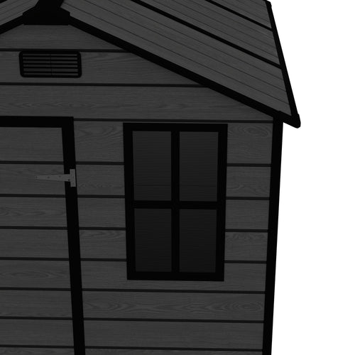 Campcraft 6*6ft resin storage shed, high quality pp material, strong structure, waterproof, rust and UV proof, large storage space, 12mm thick pp board, HD window lighting Black wood grain color - Image 25