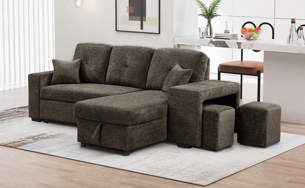 Reversible Sleeper Sectional Sofa Bed with Side Shelf and 2 Stools,Pull-Out L-Shaped Sofa Bed,Corner Sofa-Bed with Storage Chaise Left/Right Hande for Living Room,Knox Charcoal - DTYStore