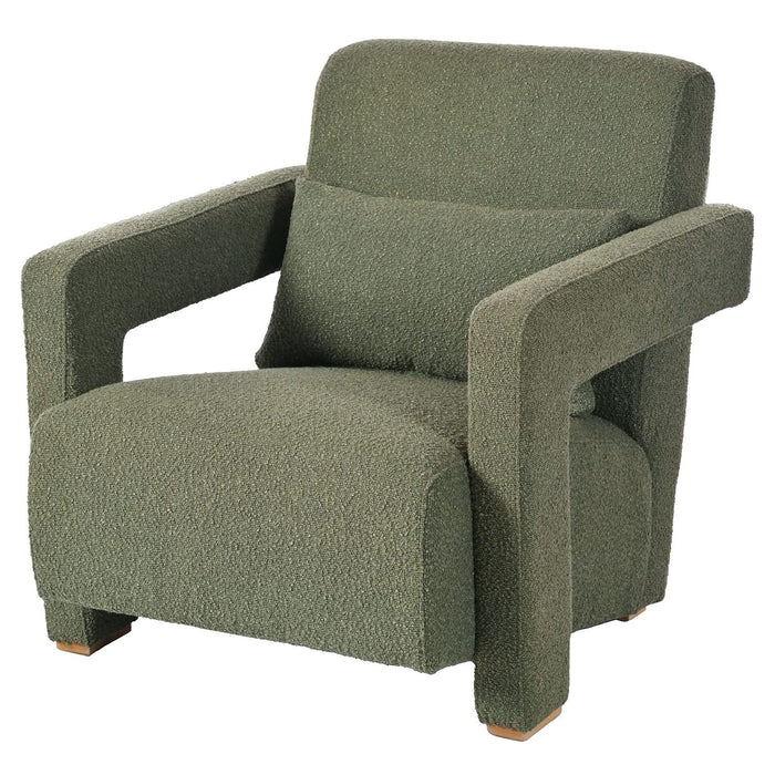 Mirod Sleek Right-Angle Armrests Accent Chair with Ergonomic Lumbar Support, Green Boucle, Wooden Block Legs