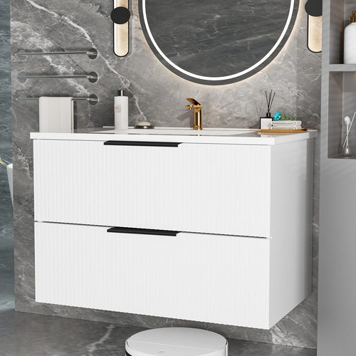 30 Inch Bathroom Vanity Cabinet With Ceramic Sink - White Wall Mounted Floating Fluted Vanity With Drawers, Modern - Image 2