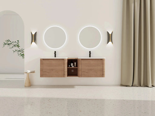 68'' Wall-Mounted Bathroom Vanity with White Ceramic Sink and Storage Shelves & 1-Soft-Close Door, KD-Packing, Plywood Default -DTYStore