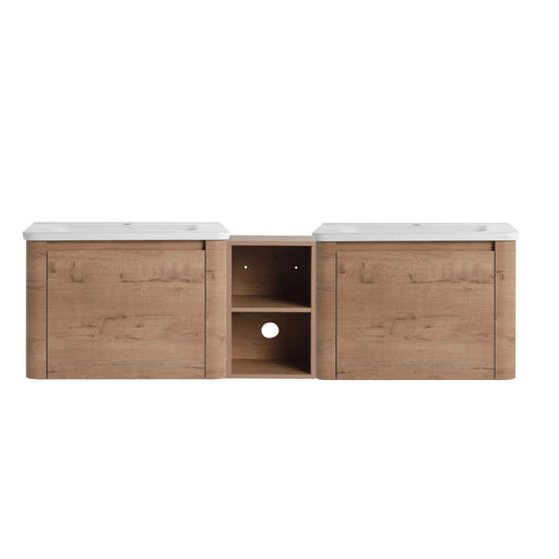 68'' Wall-Mounted Bathroom Vanity with White Ceramic Sink and Storage Shelves & 1-Soft-Close Door, KD-Packing, Plywood Default -DTYStore