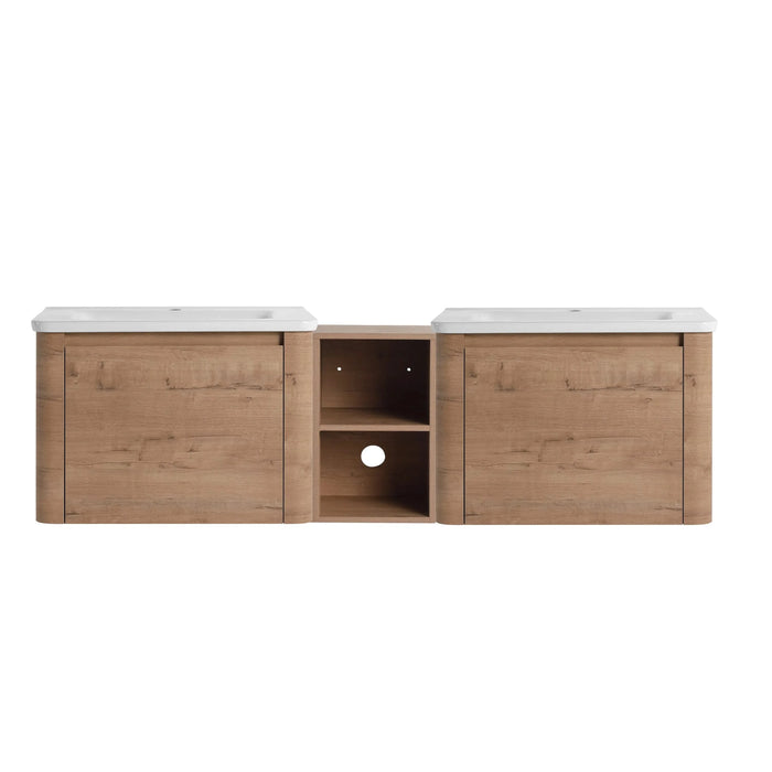 68'' Wall-Mounted Bathroom Vanity with White Ceramic Sink and Storage Shelves & 1-Soft-Close Door, KD-Packing, Plywood Default -DTYStore