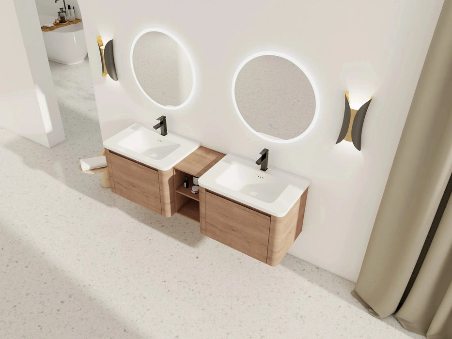 68'' Wall-Mounted Bathroom Vanity with White Ceramic Sink and Storage Shelves & 1-Soft-Close Door, KD-Packing, Plywood Default -DTYStore