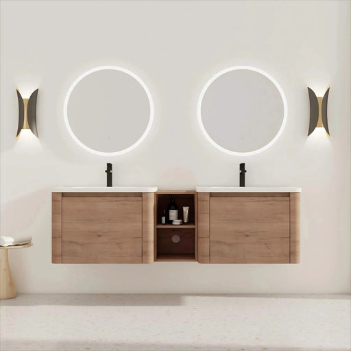 68'' Wall-Mounted Bathroom Vanity with White Ceramic Sink and Storage Shelves & 1-Soft-Close Door, KD-Packing, Plywood Default -DTYStore
