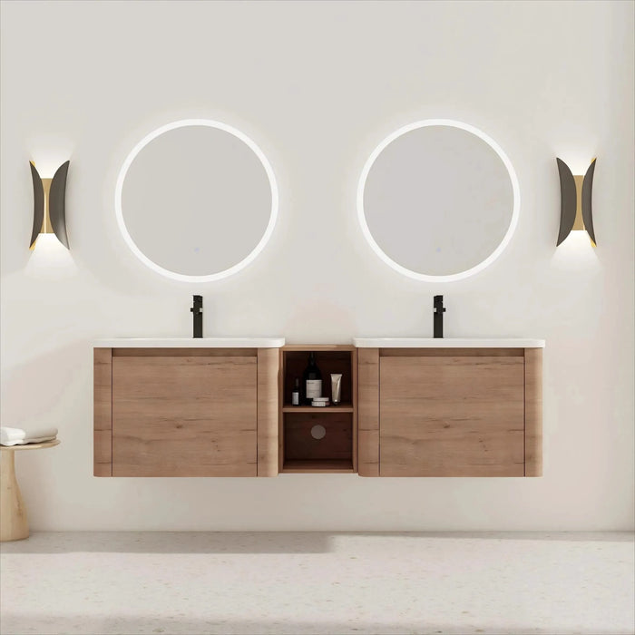 68'' Wall-Mounted Bathroom Vanity with White Ceramic Sink and Storage Shelves & 1-Soft-Close Door, KD-Packing, Plywood Default -DTYStore