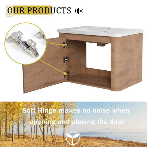 68'' Wall-Mounted Bathroom Vanity with White Ceramic Sink and Storage Shelves & 1-Soft-Close Door, KD-Packing, Plywood Default -DTYStore