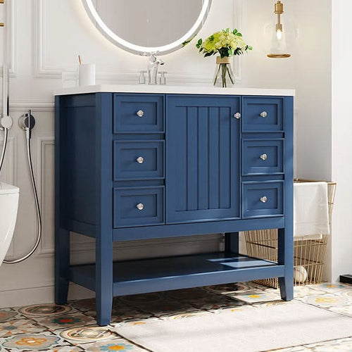 36' Bathroom Vanity with Sink, One Cabinet and Three Drawers, Solid Wood and MDF Board, Blue (Old Sku:SY999505AAC-6) - Image 42