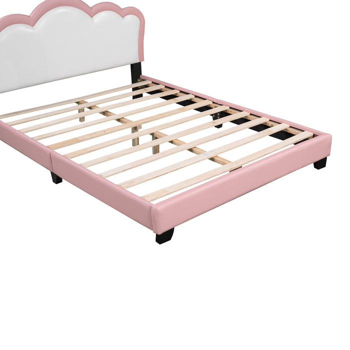 Full size Upholstered Princess Bed With Crown Headboard,Full Size Platform Bed with Headboard and Footboard, White+Pink