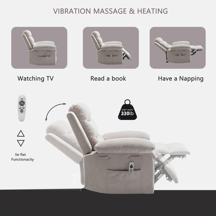 Power Recliner Chair with Adjustable Massage Function, Velvet Electric Power Chair for Elderly with One Side Pockets, Recliner Chair with Heating System for Living Room,Beige - DTYStore