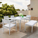 6PC Patio Aluminum Furniture, Modern Dining Set, including 4 Dining Chairs & 1 Dining Bench Sunbrella Fabric Cushioned and Two-tone Table Top Rectangle Table with Umbrella Hole, Matte White+Grayish - DTYStore