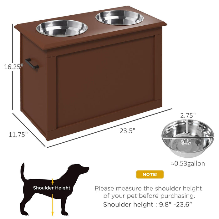Raised Pet Feeding Storage Station with 2 Stainless Steel Bowls Base for Large Dogs and Other Large Pets, Brown - DTYStore