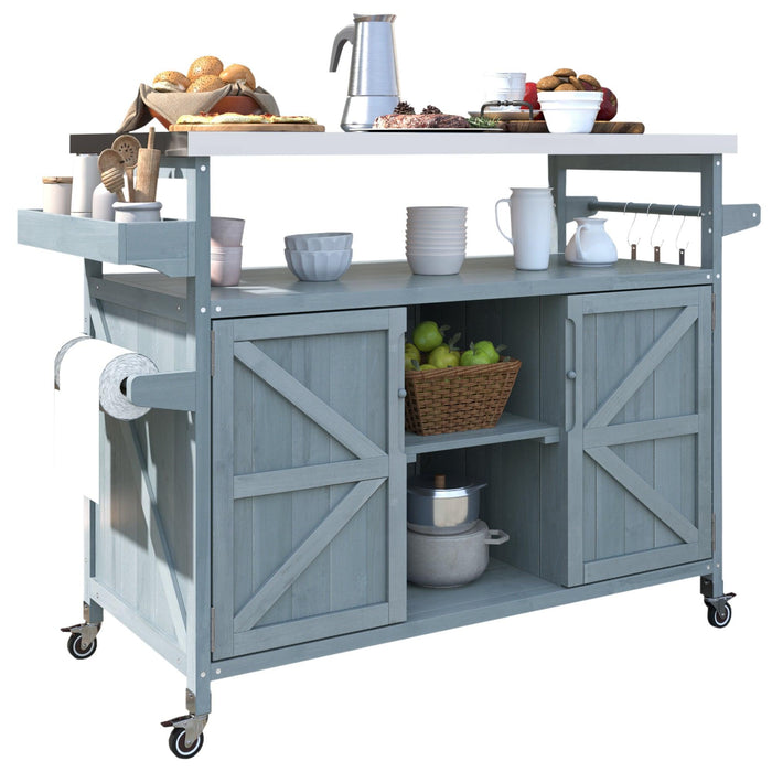 Outdoor Kitchen Island, Rolling Bar Cart & Storage Cabinet, Farmhouse Solid Wood Outdoor Grill Table with Stainless Steel Top, Spice Rack , Towel Rack for Kitchen & BBQ , Grey Blue - DTYStore