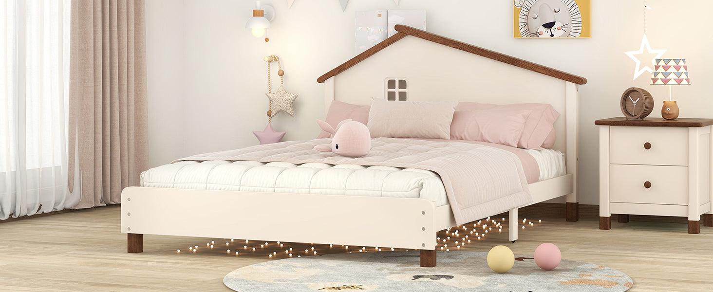 Full Size Wood Platform Bed with House-shaped Headboard (Cream+Walnut) - DTYStore