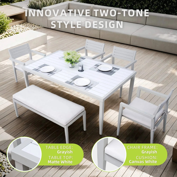 6PC Patio Aluminum Furniture, Modern Dining Set, including 4 Dining Chairs & 1 Dining Bench Sunbrella Fabric Cushioned and Two-tone Table Top Rectangle Table with Umbrella Hole, Matte White & Grayish Default -DTYStore